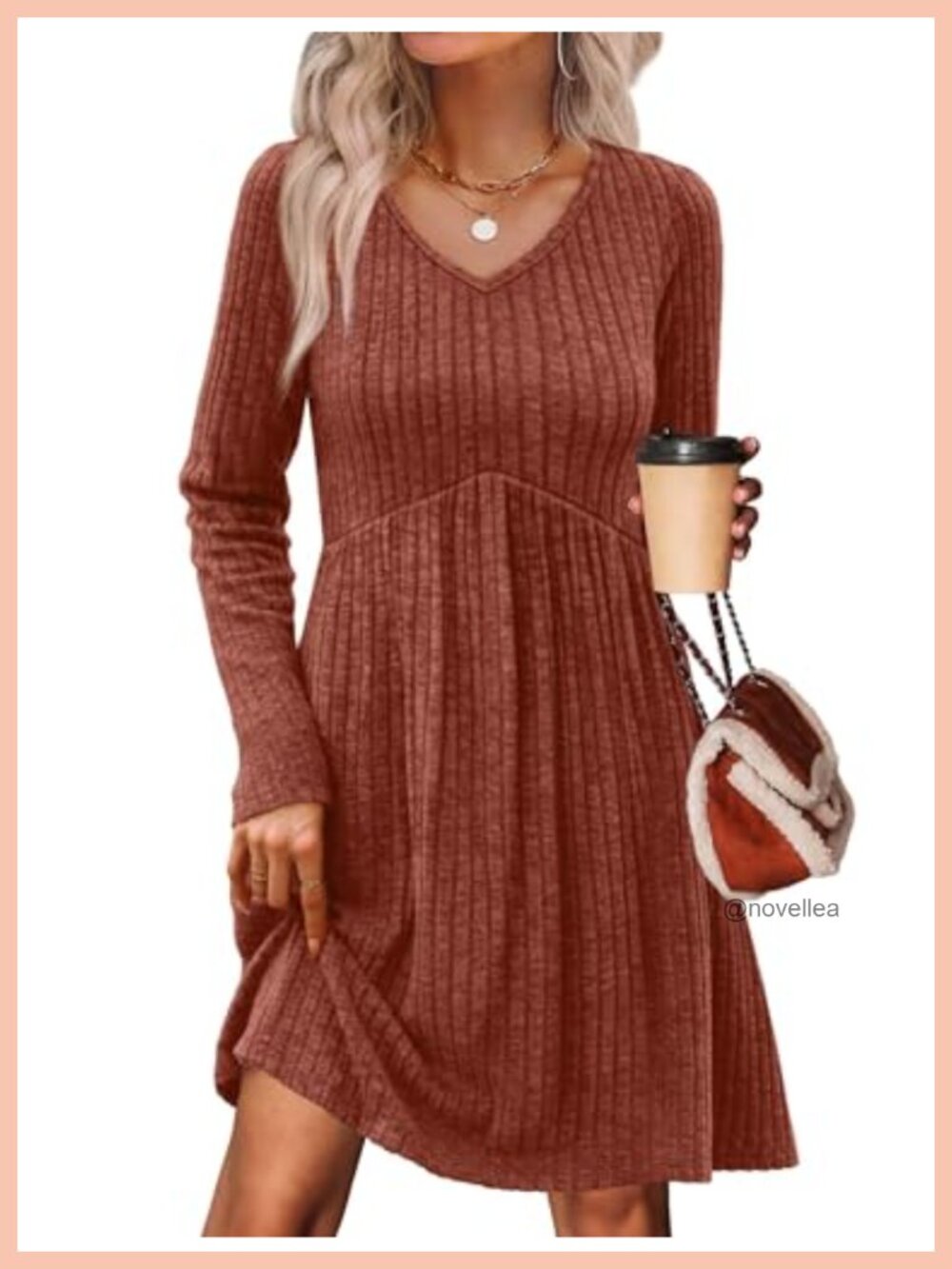 Long Sleeve Sweater Dress V Neck Empire Waist Fit & Flare with Pockets